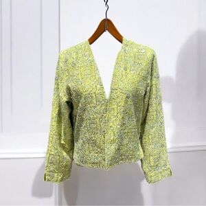 🌻Chicos Green Silk Silver Metallic Sequins Embroidered Open Front Jacket Blazer